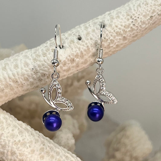 Kisses in the Wind Sterling Silver Butterfly Custom Dangle Earrings with Blurple Pearls