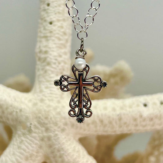 Custom Sterling Silver Cross Pendant with White Micro Pearl