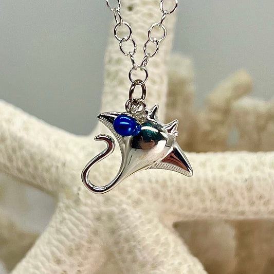 Custom Sterling Silver Stingray Necklace with Blue Micro pearl
