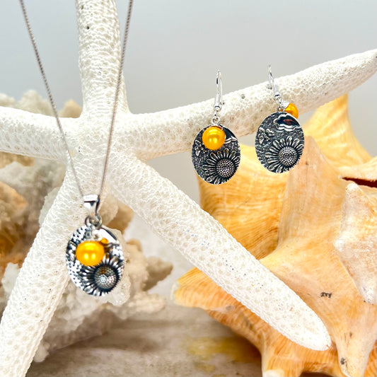 Custom Sterling Silver Sunflower Dangle Earrings & Pendant Set W/ Yellow Pearls