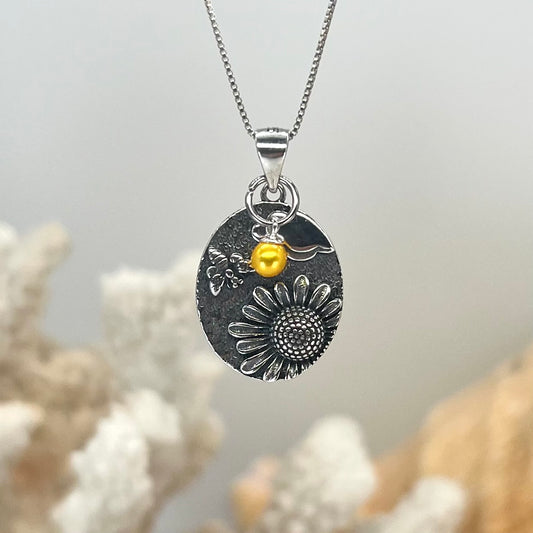 Custom Sterling Silver Sunflower Pendant W/ Choice Of Micro Pearl