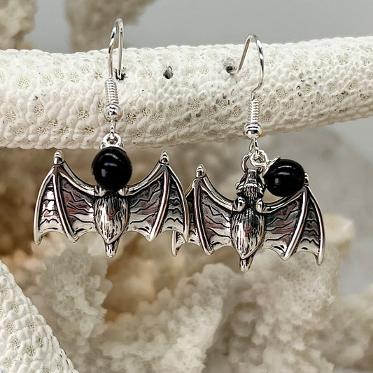 Flying Fox Sterling Silver Bat Dangle Earrings - Comes with Black Pearls as Shown