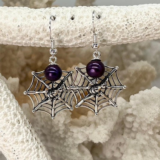 Creeping Around Sterling Silver Custom Spider Dangle Earrings - Deep Purple Pearls Included